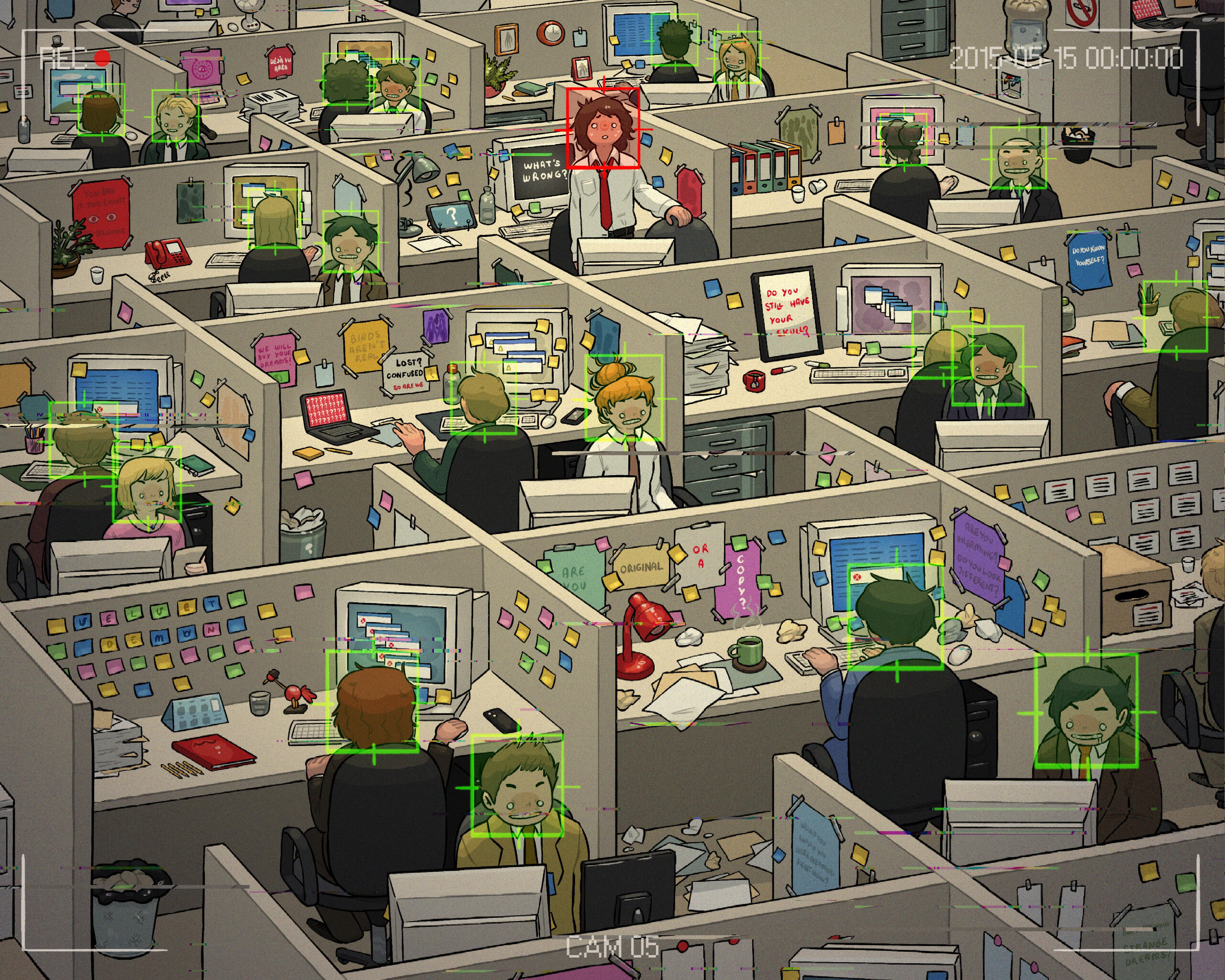 En Illustration inspired by the concept of Backrooms mixed with nightmares, with a reality full of entities pretending to be human and a superior entity that attacks any human who does not know how to camouflage among the other creatures. Es Ilustración i