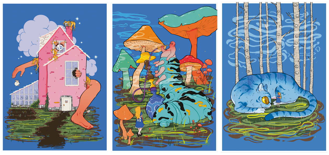 En Editorial illustration concepts for the story of "Alice in Wonderland" by Lewis Carroll. I wanted to keep a poster aesthetic with center-weighted compositions and bold colors. Es Conceptos de ilustraciones editoriales para el cuento de “Alicia en el Pa