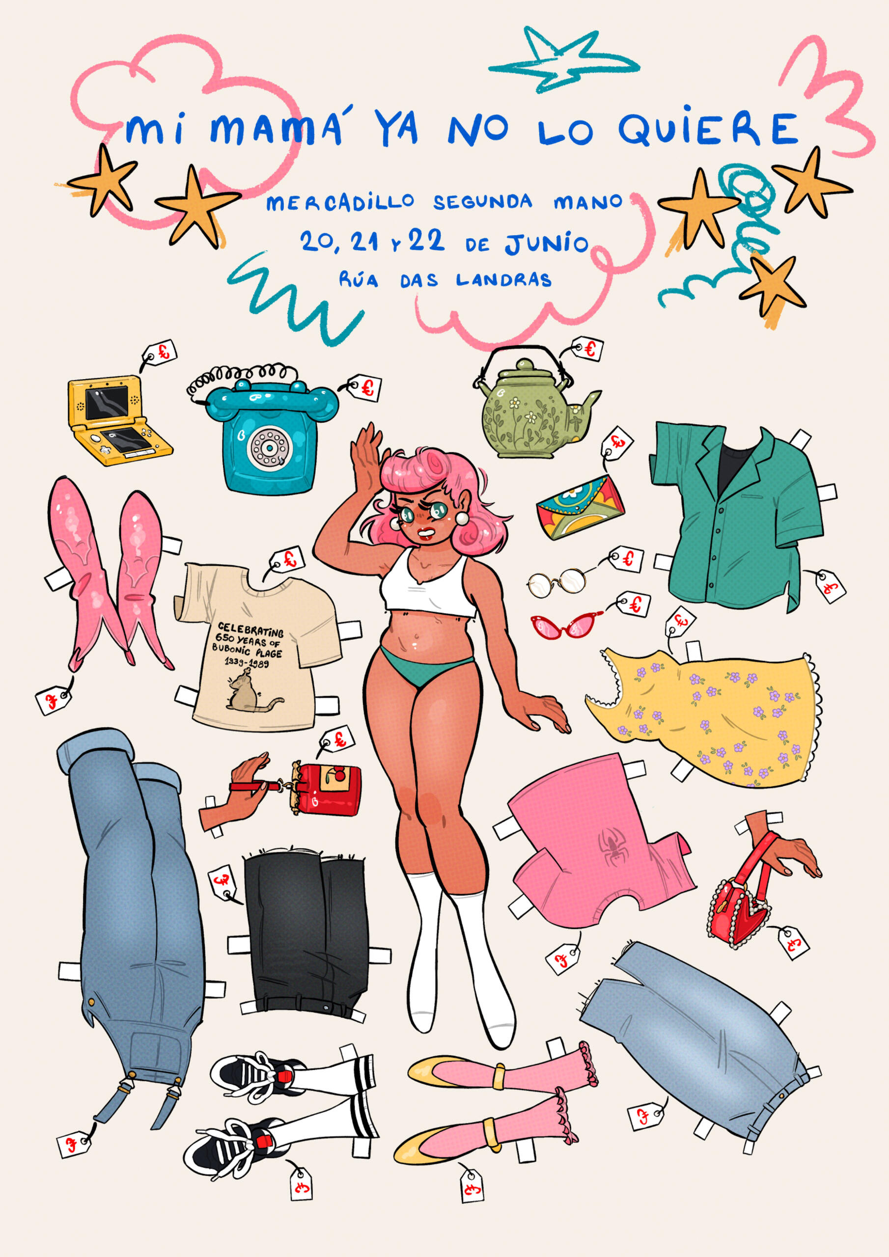 En Promotional poster concept for a neighborhood flea market. I focused this project on mixing a vintage style with a more modern atmosphere, with bright and youthful colors to catch all audiences. Es Concepto de cartel promocional para un mercadillo de s