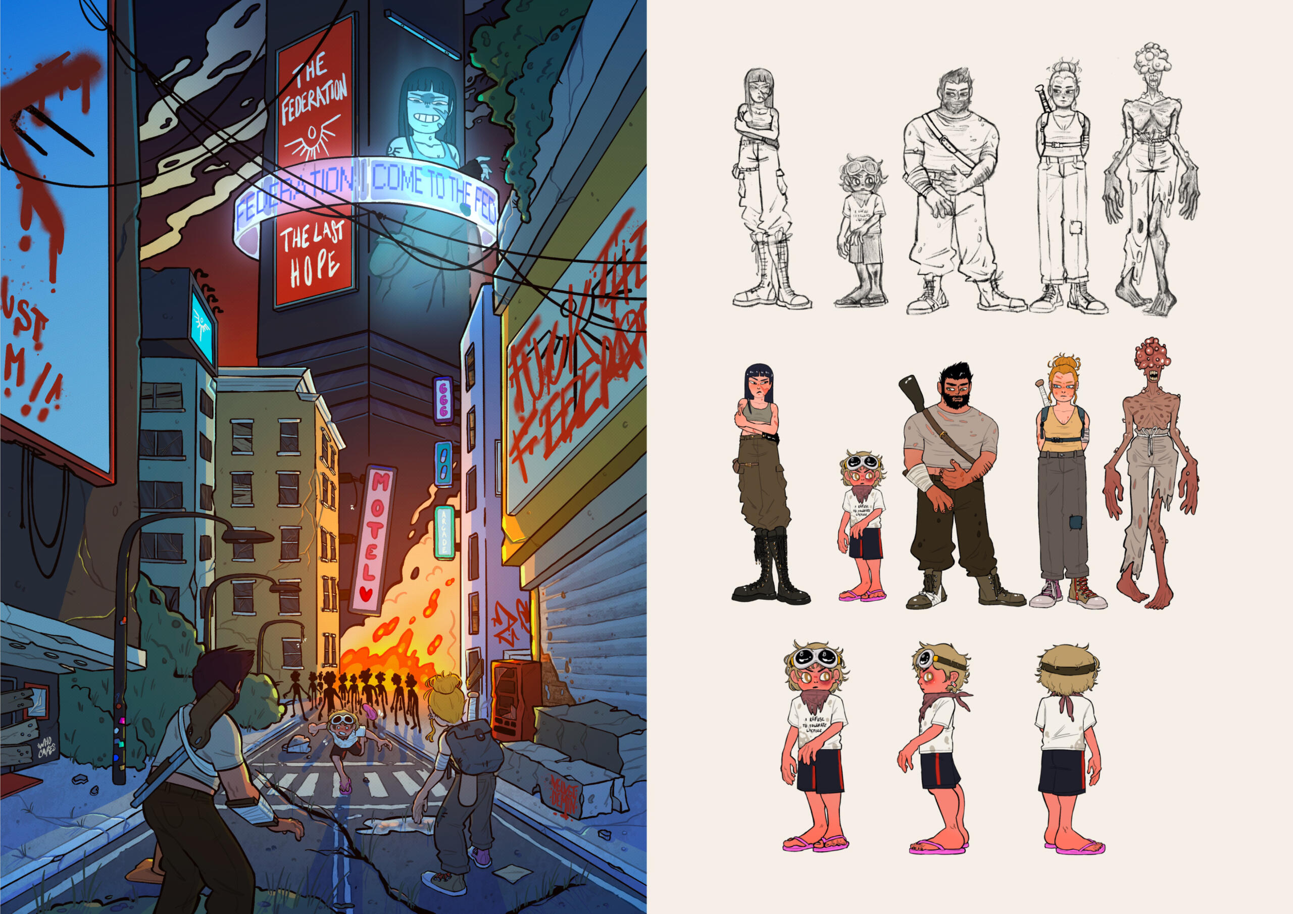 En Design of characters inspired by an apocalyptic world plus their implementations in a promotional poster. Es Diseño de personajes inspirados en un mundo apocalíptico más sus implementaciones en un póster promocional.