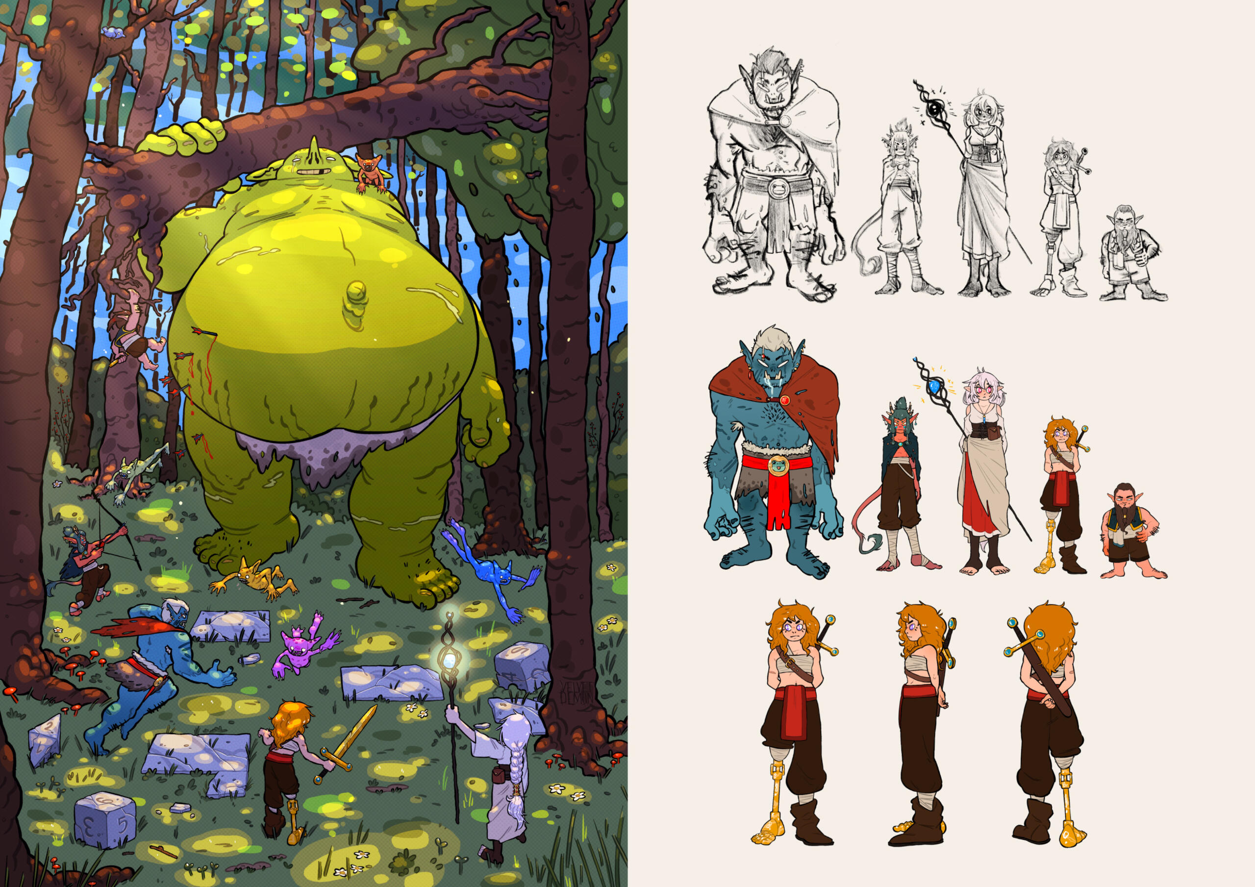 En Design of characters inspired by a fictional Dungeons and Dragons style world and their implementations in a promotional poster. Es Diseño de personajes inspirados en un mundo ficticio estilo Dragones y Mazmorras y sus implementaciones en un póster pro
