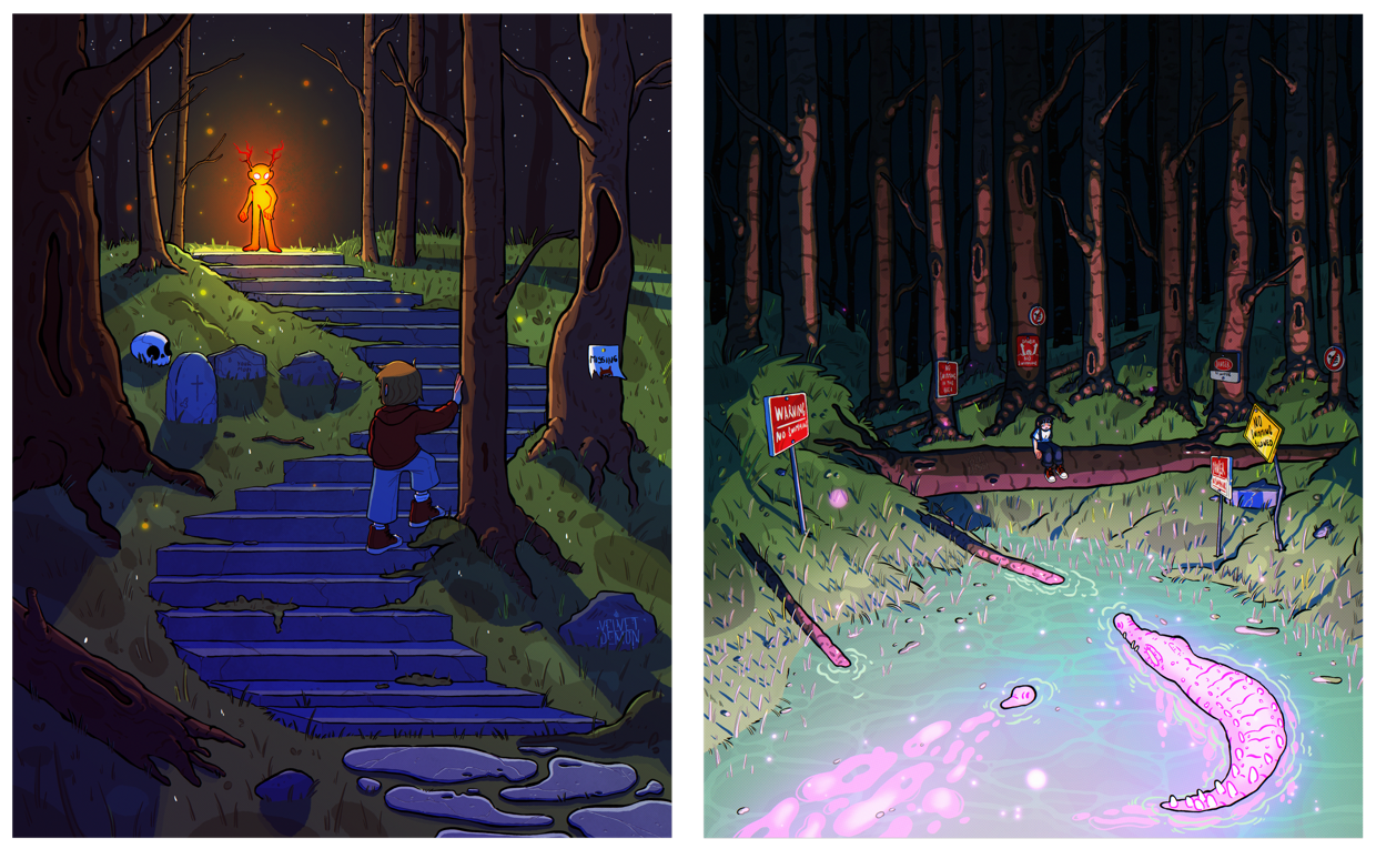 En Illustrations with the concept of forest spirits. Es Ilustraciones con el concepto de espíritus del bosque.