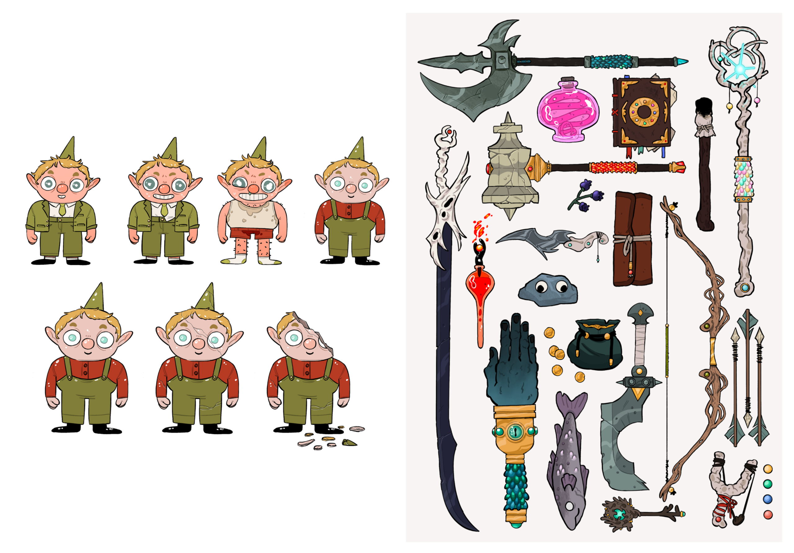En Left: Design concept of real gnomes that were transformed into garden gnomes. Right: Concept of fantasy weapons. Es Izq: Concepto de diseño de gnomos reales que fueron transformados en gnomos de jardín. Dcha: Concepto de armas de fantasía.