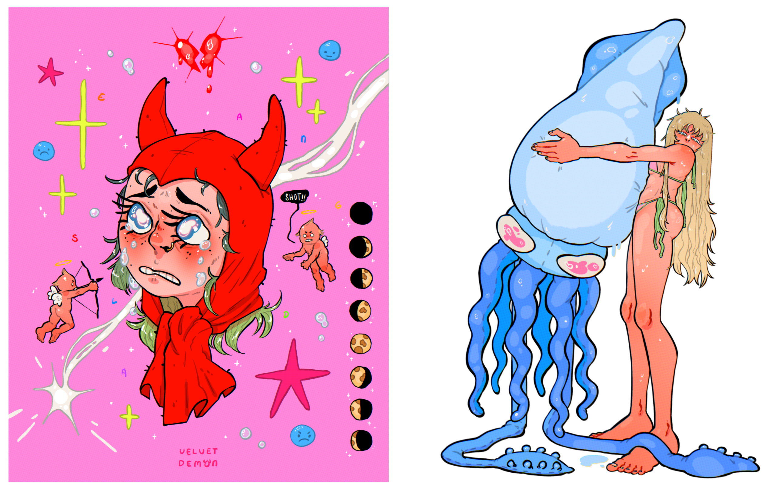 En Left: Poster with collage style composition and very bright colors. Right: Illustration of 2023 for the summer solstice. Es Izq: Póster con composición estilo collage y colores muy llamativos. Dcha: Ilustración de 2023 por el solsticio de verano.